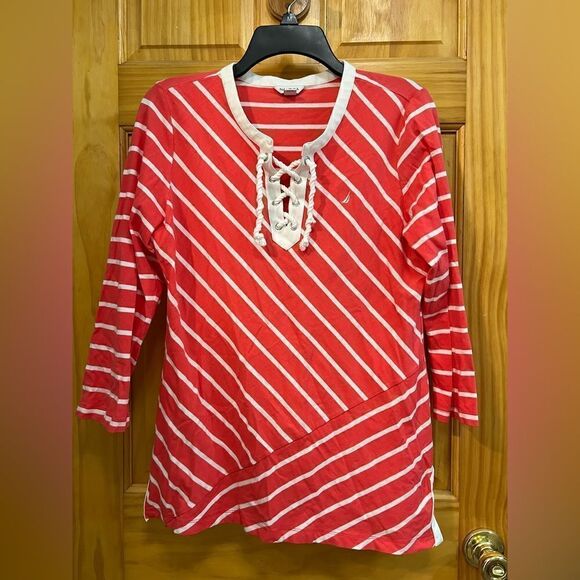 Nautica size L coral and white striped blouse with rope accent - Picture 1 of 9